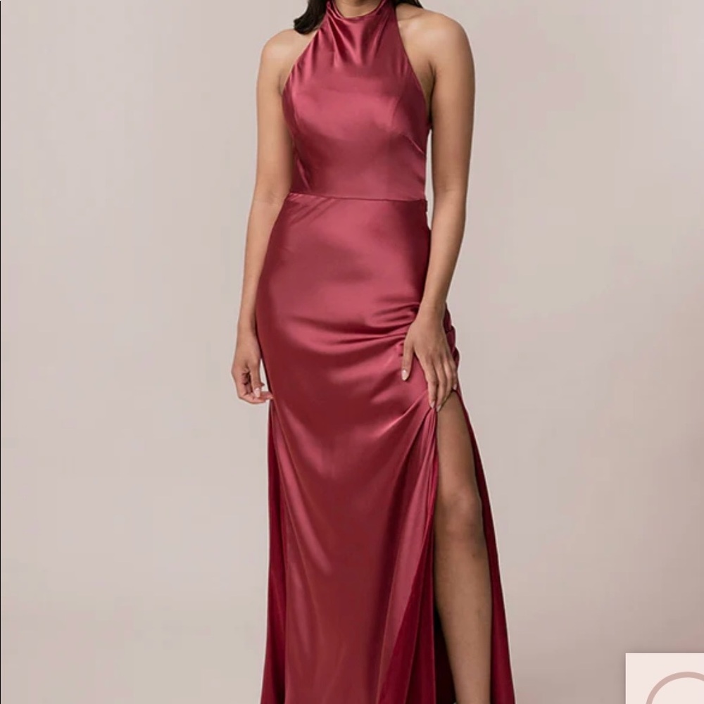 Revelry Veronica copper satin bridesmaid dress